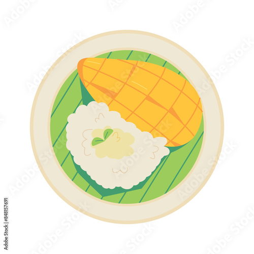 Vector Mango Sticky Rice Traditional Thai Food Cartoon Illustration Isolated