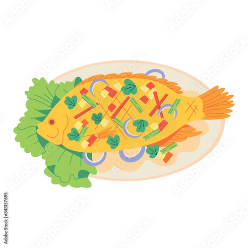 Vector Fish Fry Thai Traditional Thai Food Cartoon Illustration Isolated