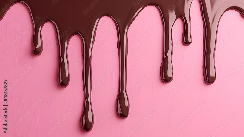 Melted chocolate dripping onto a pastel pink surface, creating a sweet contrast. Melted chocolate dripping onto a pastel pink surface, creating a sweet contrast.