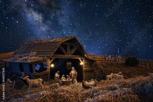 A nativity scene set in a barn under a starry sky, capturing the serene and holy atmosphere of Christmas night photo