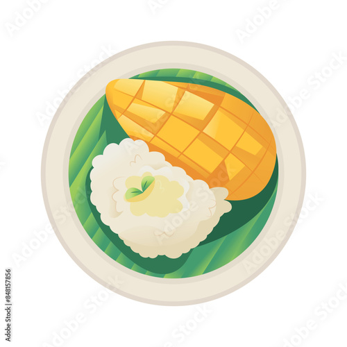 Vector Mango Sticky Rice Traditional Thai Food Cartoon Illustration Isolated