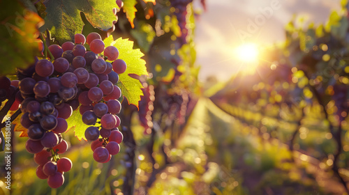 Sunlit Vineyard with Ripe Grapes at Sunset, Capturing the Beauty of Nature and Agriculture in a Picturesque Landscape