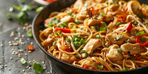 Close-up of delicious chicken and vegetable chow mein noodles. Concept Food Photography, Asian Cuisine, Noodle Dish, Close-up Shot, Food Styling