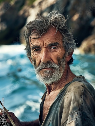 AI generated illustration of an elderly fisherman with a rugged face and grey beard