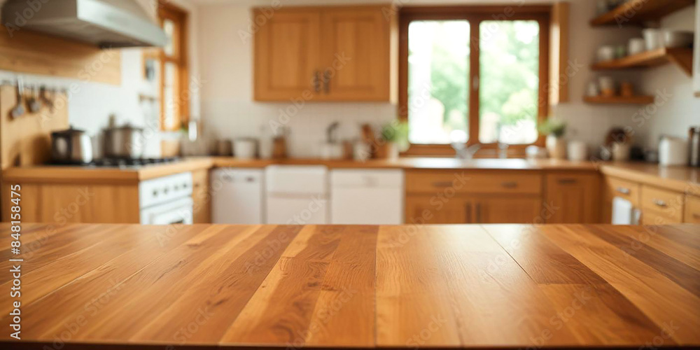 Wooden table top on blur modern kitchen interior background Wooden table top on blur modern kitchen interior background
