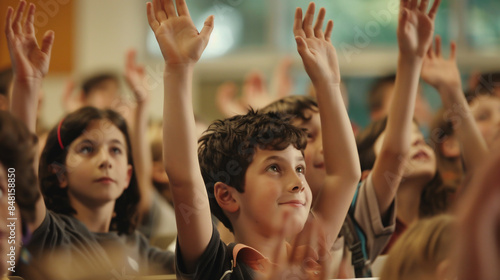 Group of Children Raising Hands in School Classroom