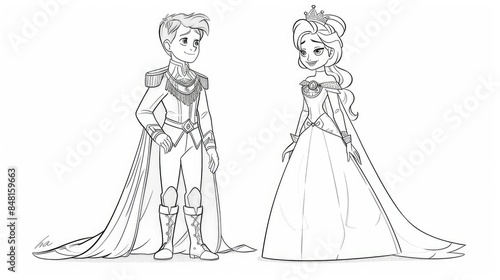 The princess and prince show their love with cartoon lines in full length on a white background used for teaching and coloring. Generative Ai