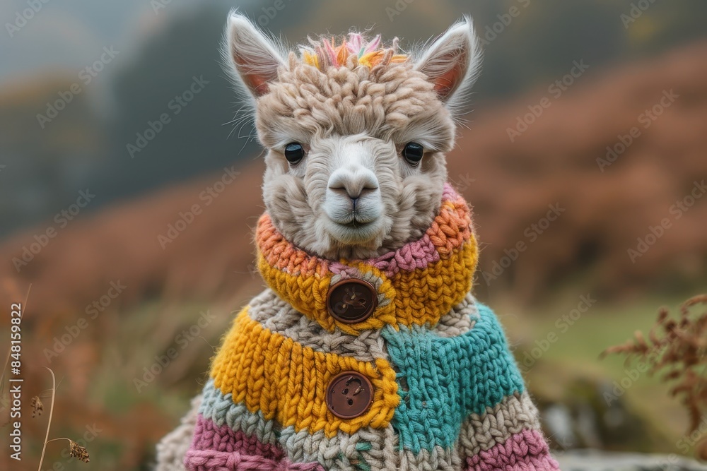A baby alpaca wearing a colorful knitted sweater, standing in a hilly pasture. The alpaca has a gentle and calm expression A baby alpaca wearing a colorful knitted sweater, standing in a hilly pasture. The alpaca has a gentle and calm expression