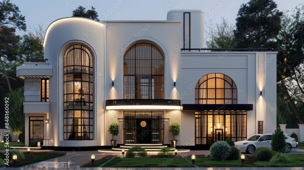 An Art Deco house design with bold colors, geometric patterns, and luxurious finishes reflecting the glamour An Art Deco house design with bold colors, geometric patterns, and luxurious finishes reflecting the glamour