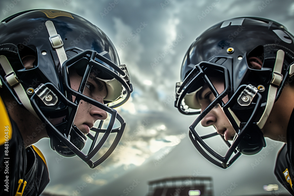 American football players facing off in the middle of an epic game American football players facing off in the middle of an epic game