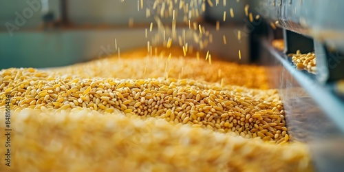 Organic golden-yellow rice grains being sorted by a hopper machine onto a conveyor belt. Concept Agricultural Technology, Food Processing, Machinery, Harvesting Techniques