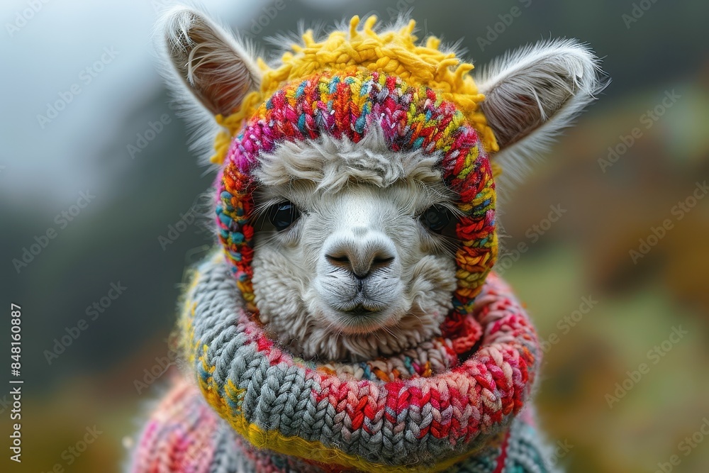 A baby alpaca wearing a colorful knitted sweater, standing in a hilly pasture. The alpaca has a gentle and calm expression A baby alpaca wearing a colorful knitted sweater, standing in a hilly pasture. The alpaca has a gentle and calm expression