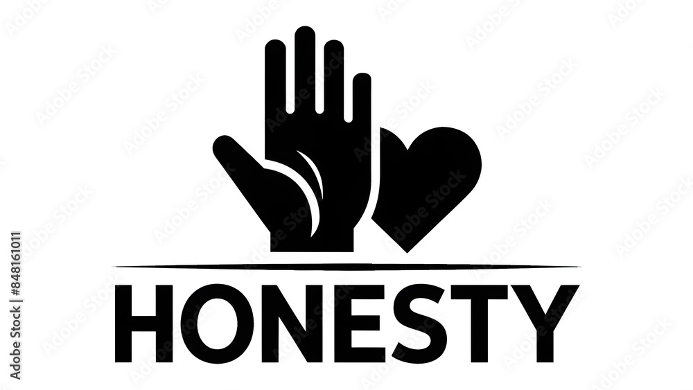 A hand icon, with its palm facing upwards. Adjacent to the hand, there's a heart symbol. Below these visual elements, the word 'HONESTY' is written in bold, capital letters. A hand icon, with its palm facing upwards. Adjacent to the hand, there's a heart symbol. Below these visual elements, the word 'HONESTY' is written in bold, capital letters.