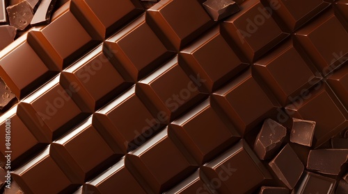 Close-up of creamy chocolate bars and broken pieces, ideal for indulgence and confectionery themes
