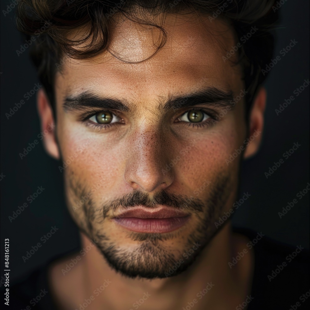 Fototapeta premium Male Model Isolated. Portrait of a Beautiful Man with Serious Expression on Dark Background