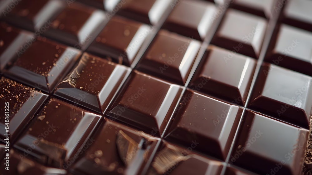 Dark chocolate bar close-up with smooth surface, intricate details, and a few crumbs for texture Dark chocolate bar close-up with smooth surface, intricate details, and a few crumbs for texture