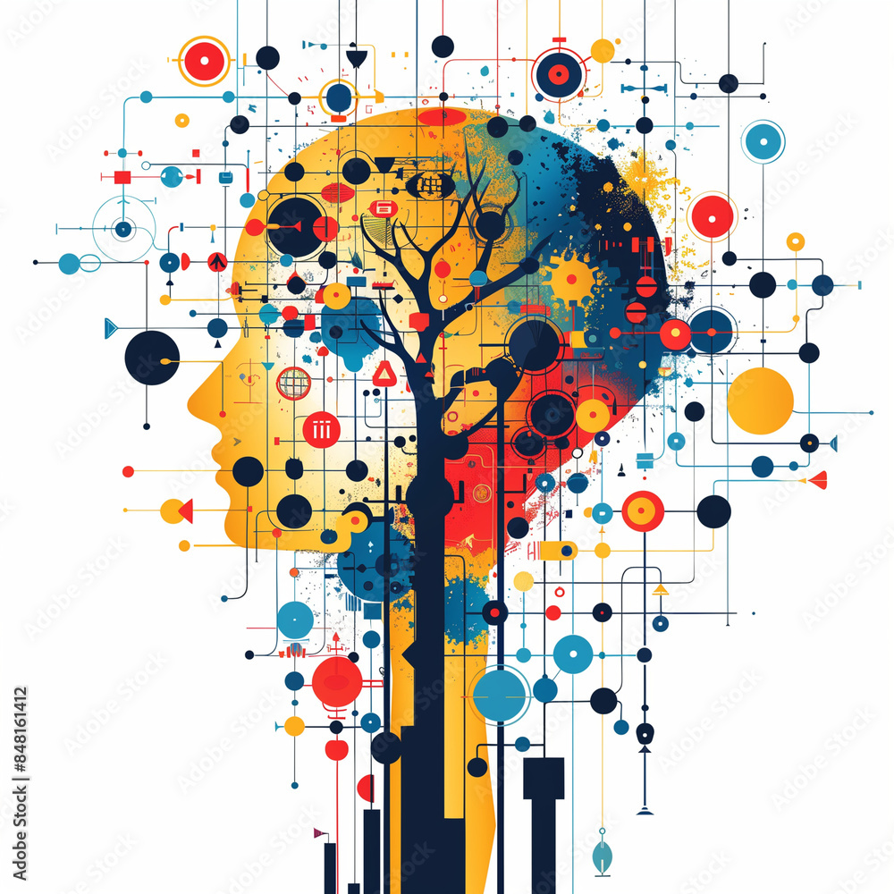A colorful brain with a tree growing out of it. The brain is surrounded by many different shapes and colors, and the tree is growing out of the center of the brain A colorful brain with a tree growing out of it. The brain is surrounded by many different shapes and colors, and the tree is growing out of the center of the brain