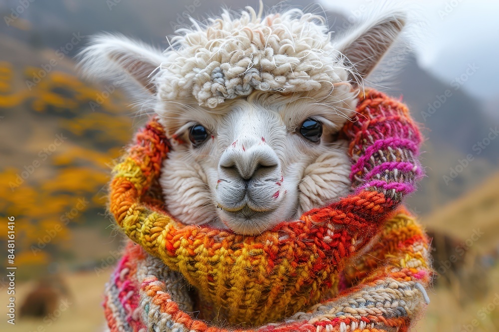 A baby alpaca wearing a colorful knitted sweater, standing in a hilly pasture. The alpaca has a gentle and calm expression A baby alpaca wearing a colorful knitted sweater, standing in a hilly pasture. The alpaca has a gentle and calm expression