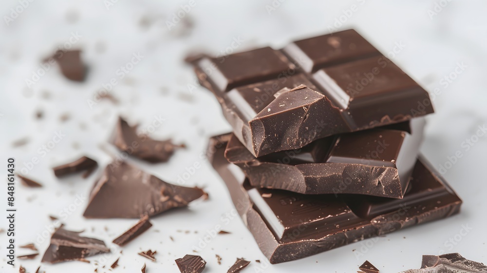 Close-up of delicious dark chocolate chunks on a white marble surface with scattered pieces around. Close-up of delicious dark chocolate chunks on a white marble surface with scattered pieces around.