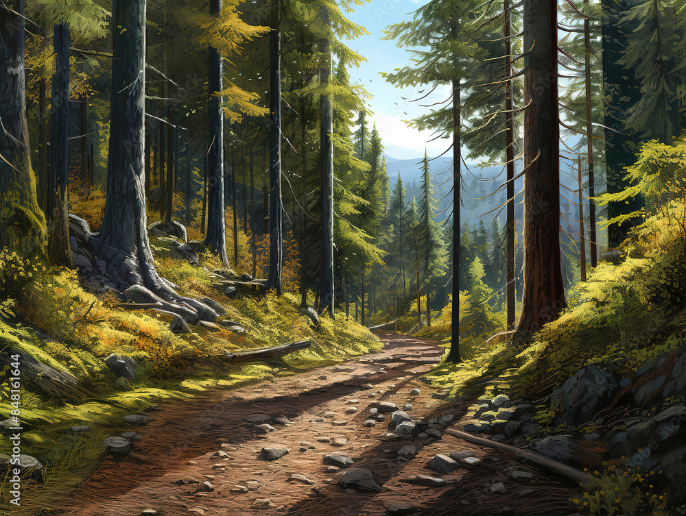 Obraz premium The road in the taiga forest. Autumn sunny day, long shadows from the trees