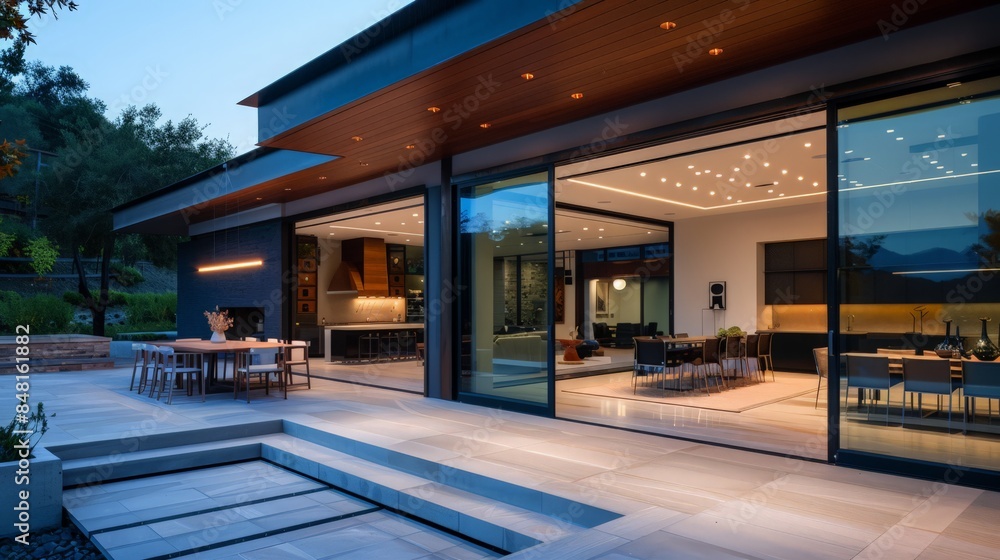 An open-concept house design that seamlessly blends indoor and outdoor living spaces with large glass doors An open-concept house design that seamlessly blends indoor and outdoor living spaces with large glass doors