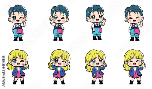 Vector Cute Kpop Idol Character Cartoon Set Illustration Isolated