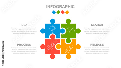 Business infographics. An infographic in the form of a puzzle consisting of 4 steps or options.  Infographics with text template for a presentation or website. Chronology of processes
