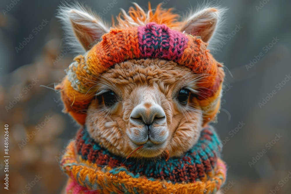 A baby alpaca wearing a colorful knitted sweater, standing in a hilly pasture. The alpaca has a gentle and calm expression A baby alpaca wearing a colorful knitted sweater, standing in a hilly pasture. The alpaca has a gentle and calm expression