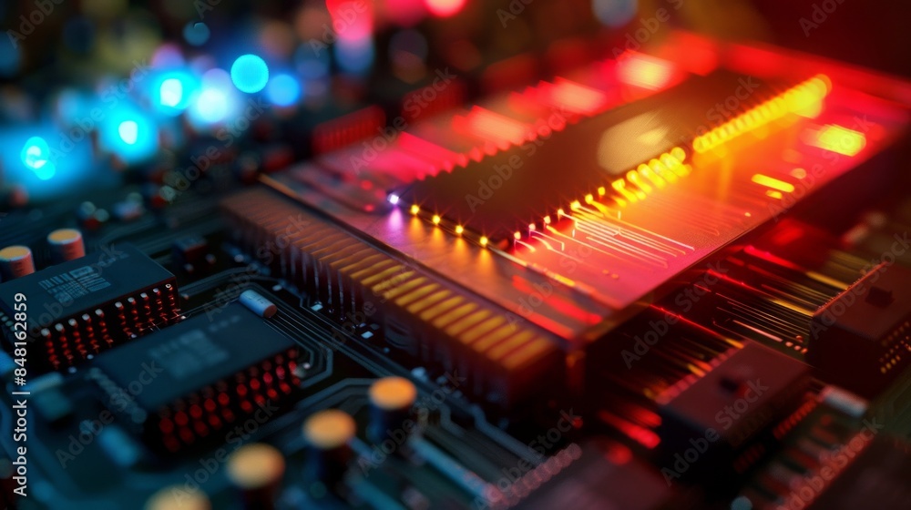 A computer chip is lit up with a rainbow of colors A computer chip is lit up with a rainbow of colors