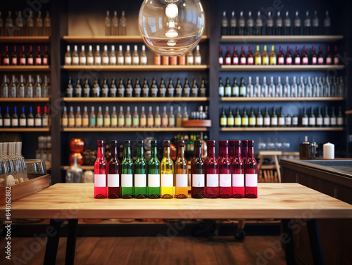 Wine wooden table background. Blurred wine shop with bottles photo