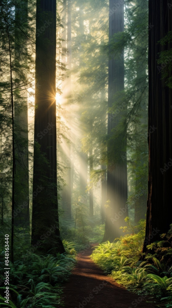 Fototapeta premium Sunbeams gently filter through tall forest trees, illuminating a serene path in the midst of lush greenery.