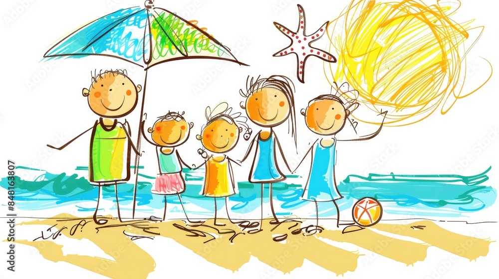 Obraz premium Cheerful family enjoying a sunny day at the beach, playing under an umbrella with a starfish and sun in the background. Colorful, playful illustration.