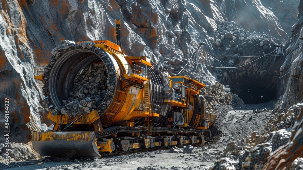 Modern TBM cutting through mountain, transporting rock debris Modern TBM cutting through mountain, transporting rock debris