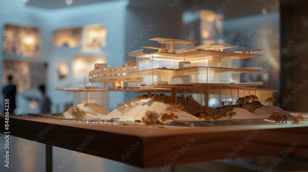 As the centerpiece of the architectural display, the building model invites viewers to explore its intricacies As the centerpiece of the architectural display, the building model invites viewers to explore its intricacies