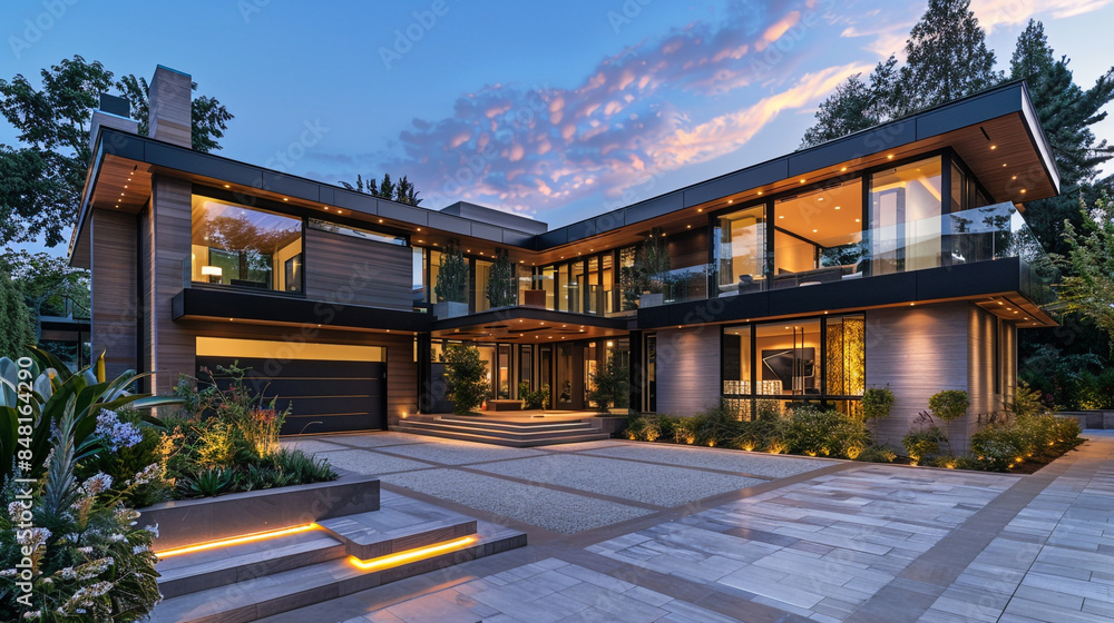 Naklejka premium Front driveway view of ultra-modern house at dusk. The surroundings of the house are decorated with a beautiful landscape.