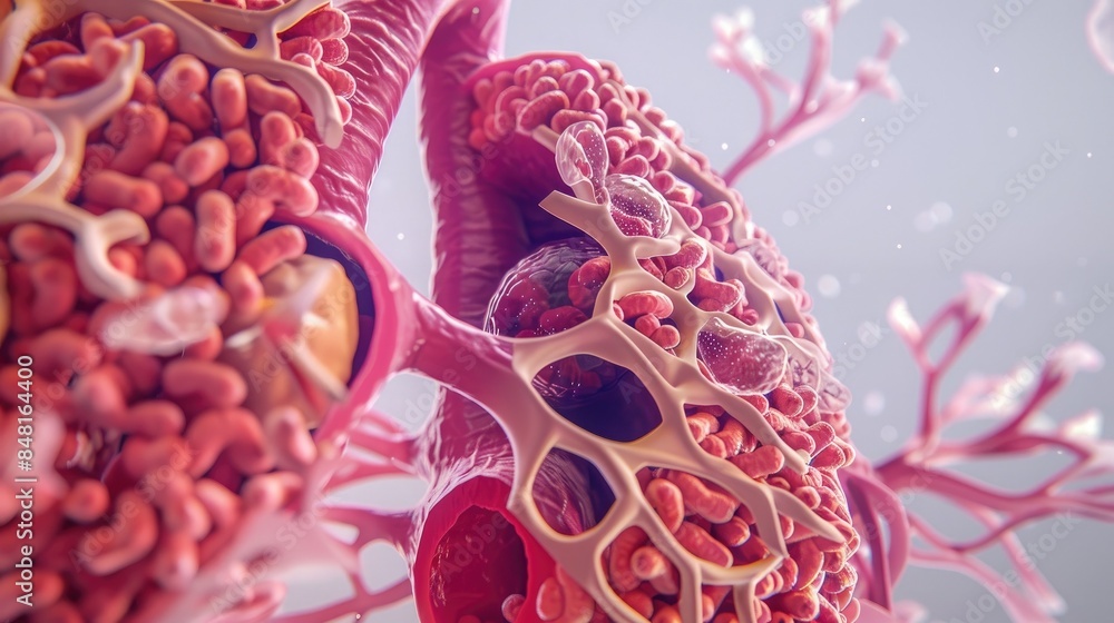 Detailed 3D illustration of lung tissue highlighting alveoli structure ...