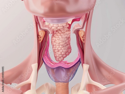 Detailed anatomical illustration of the human thyroid gland, highlighting its structure and surrounding tissues for medical studies. photo