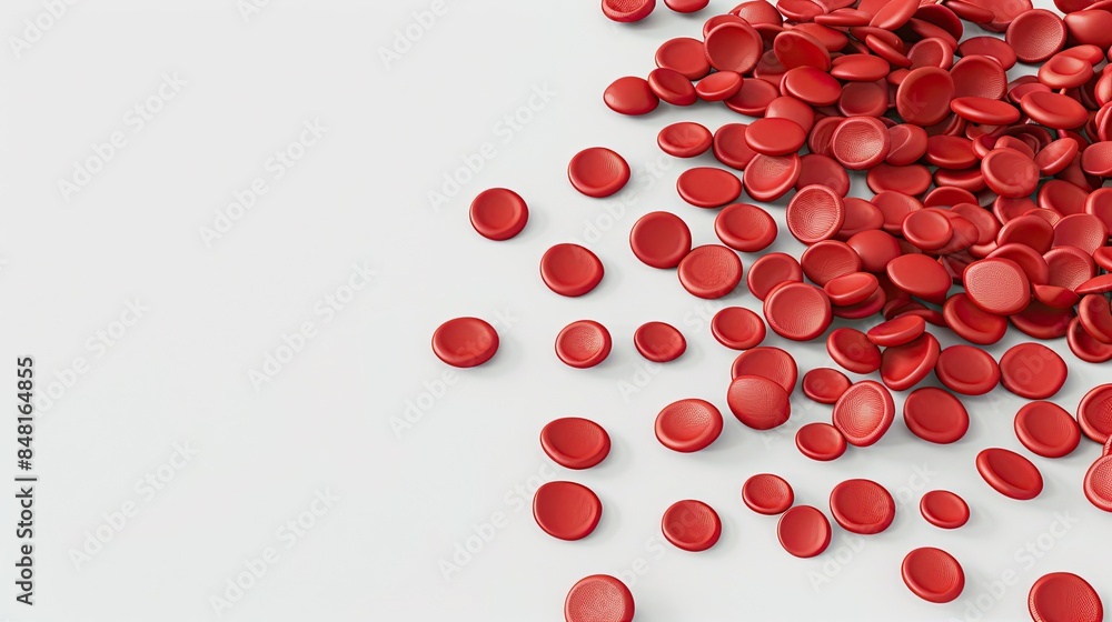 Scattered red buttons on a white background. Minimalistic composition with vibrant red circular buttons. Scattered red buttons on a white background. Minimalistic composition with vibrant red circular buttons.