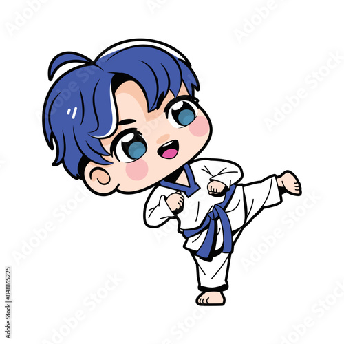 Vector Cute Boy Korean Traditional Martial Taekwondo Cartoon Illustration Isolated