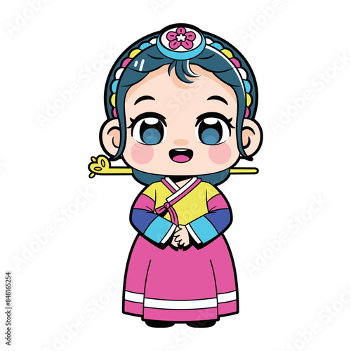 Vector Cute Girl Korean Hanbok Traditional Clothes Cartoon Character Illustration Isolated