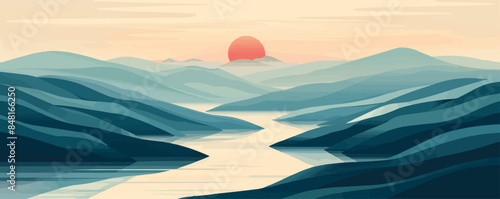 Tranquil countryside vista overlooking rolling hills, a meandering river, and distant mountains. Vector flat minimalistic isolated illustration