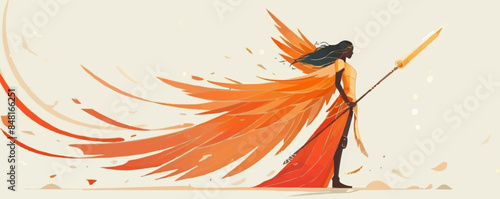 A beautiful angel woman a warrior with a long spear Vector flat minimalistic isolated illustration