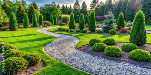 Landscape garden bed with wave ornamental cypress bushes © wasana