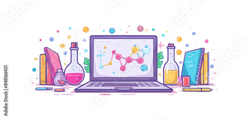 Online education concept. Distance learning, homeschooling, studying at home. Laptop screen showing elearning platform. Online chemistry, geometry or biology class. Vector 