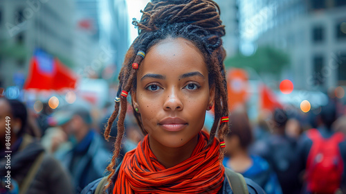 A woman with dreadlocks and a red scarf stands in the midst of a busy city street, her face focused and determined. The background is blurred, emphasizing the subject and her presence © Pavel Lysenko