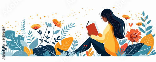 Woman reading a book. Girl enjoying literature, story. Studying, learning, self education, bookworm concept. International literacy day, book fair or festival. Vector flat 