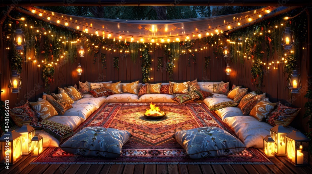 Obraz premium Set up a modern outdoor lounge area with sleek fire pits, modular seating, and cozy blankets for festive gatherings under