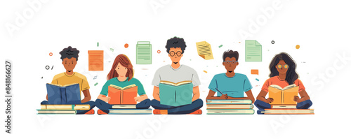 Home education set. Group of students studying online. Homeschooling, elearning, distance learning concept. Collection of people taking online courses. Vector flat minimalistic isolated illustration