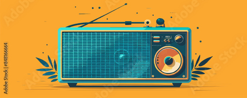 Vintage radio receiver with antenna in trendy style. Listening to music, news on the radio channel, station. Broadcasting concept. Old audio equipment. Vector flat minimalistic isolated illustration