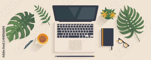 Workplace, workspace, desktop. Top view of the working table with a laptop, coffee cup, pencil, stationary and flower pot. Research, search concept. Vector flat minimalistic isolated illustration